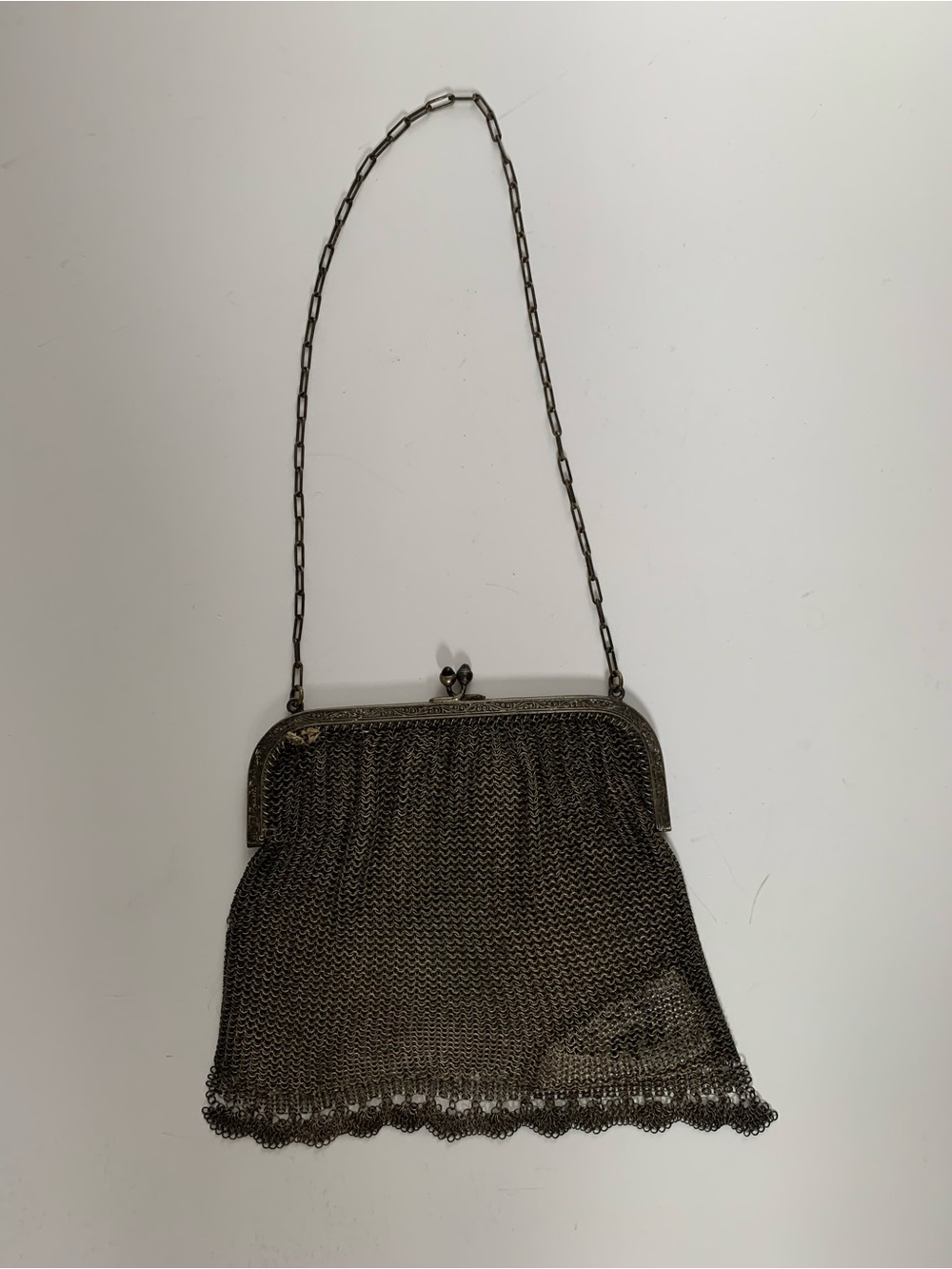 Antique 1920s German Alpacca Silver Mesh Purse - Blue Sapphire Kiss Clasp - Picture 5 of 8